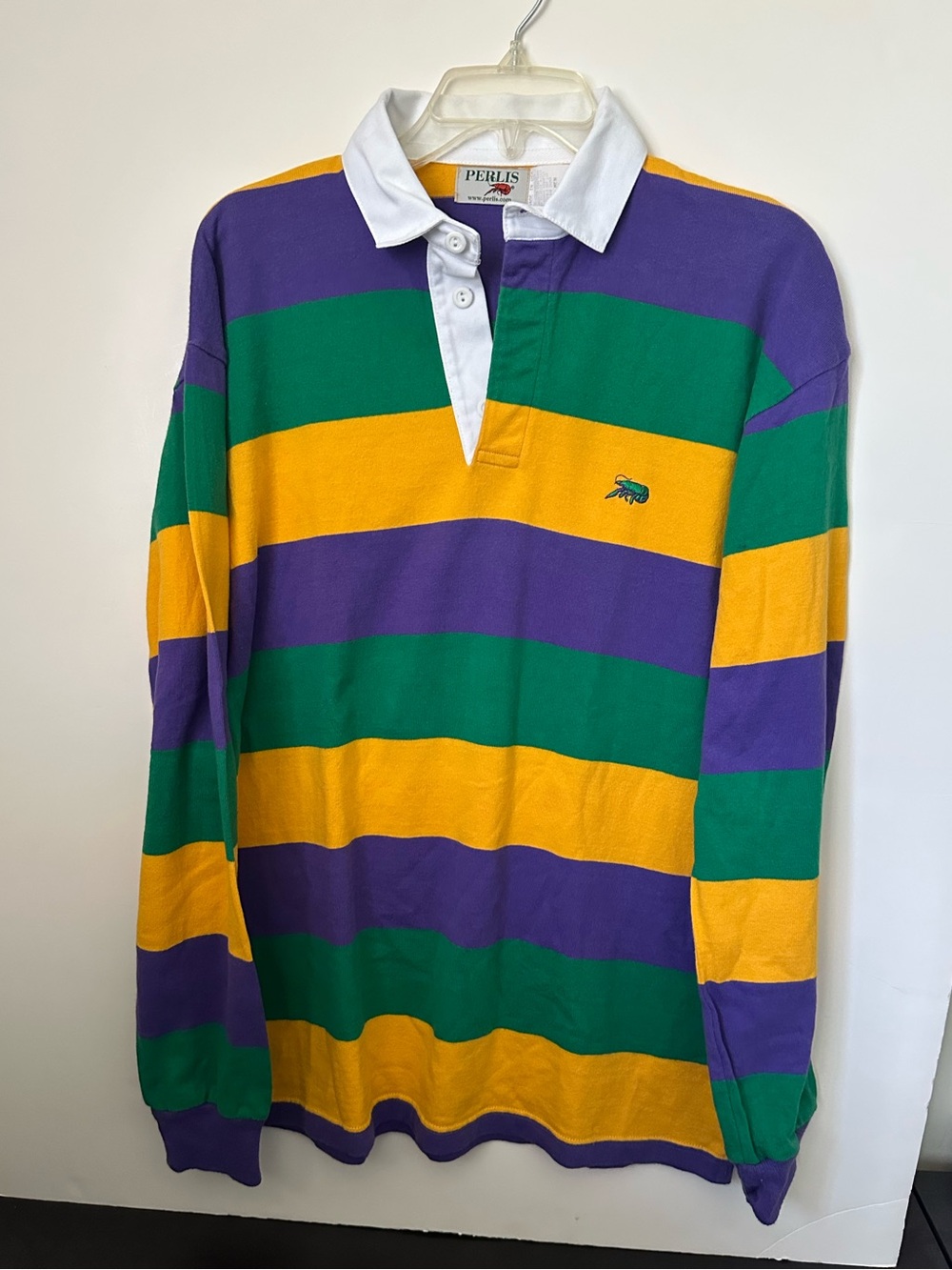 Perlis Mardi Gras  Crawfish logo Mens Rugby Top/ Shirt Long Sleeves ~S